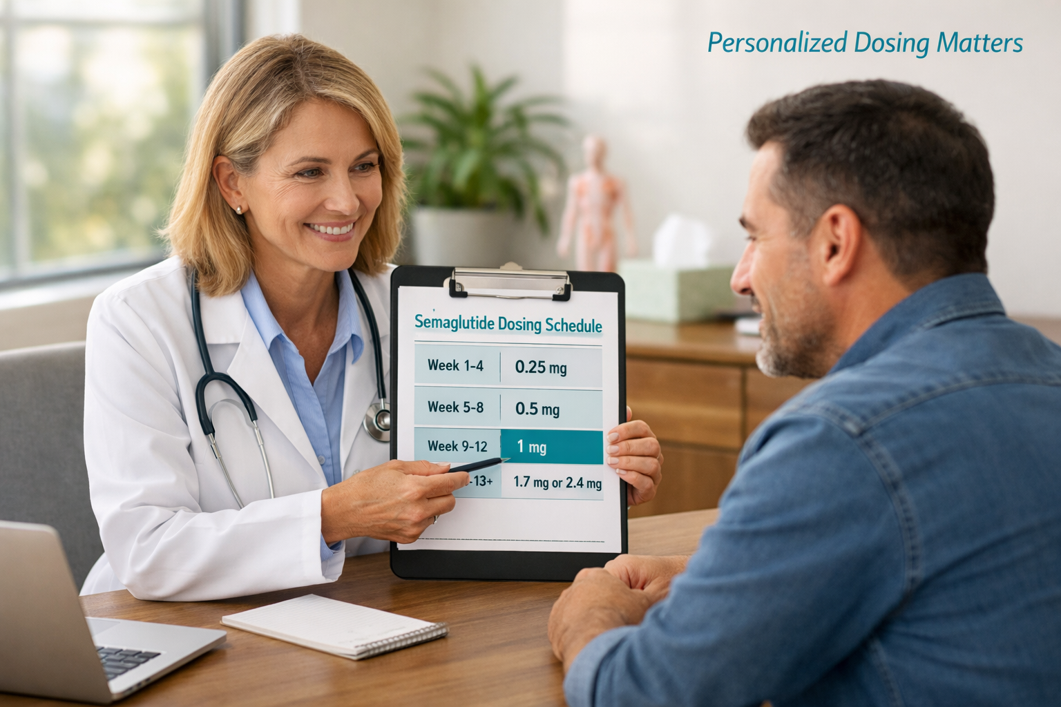 Semaglutide Dose for Weight Loss: Comparing Injections vs. Oral Tablets in 2026 11 () photorealistic scene of a patient consultation in a modern medical office: a healthcare provider in a white coat pointing