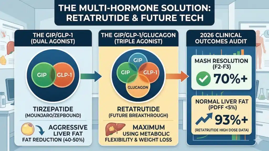 GLP-1 for Fatty Liver: The 2026 Guide to Reversing MASH and Liver Fat 4 Infographic showing Retatrutide as a triple GIP, GLP-1, and Glucagon agonist for MASH and liver fat reversal.
