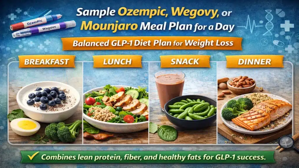 Best Foods to Eat on GLP-1 (Ozempic, Wegovy, Mounjaro Diet Guide) 6 Sample Ozempic Wegovy or Mounjaro meal plan showing breakfast lunch snack and dinner for balanced GLP-1 diet