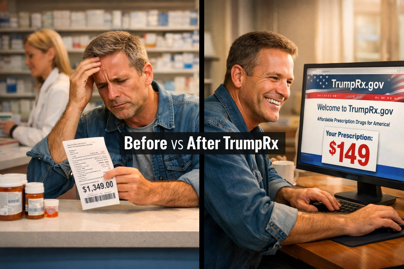 TrumpRx Drug List: A Complete Guide to Discounted Prescription Medications 3 () showing a split-scene composition: left side depicts a patient at a pharmacy counter looking stressed at a high