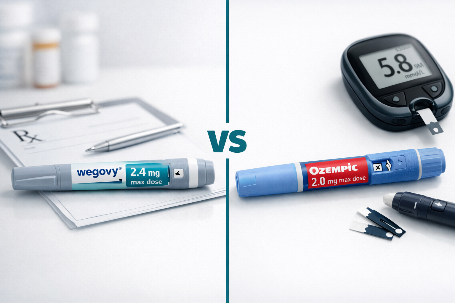Semaglutide Dose for Weight Loss: Comparing Injections vs. Oral Tablets in 2026 10 () split-scene comparison image: left side shows a Wegovy injection pen with label '2.4mg max dose' on a clinical white
