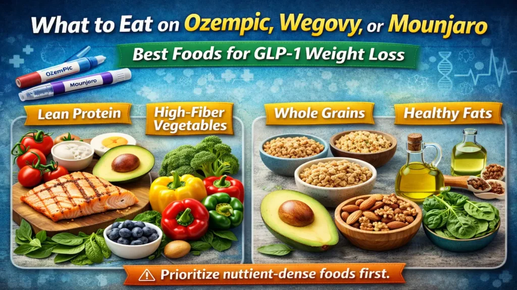 Best Foods to Eat on GLP-1 (Ozempic, Wegovy, Mounjaro Diet Guide) 3 What to eat on Ozempic Wegovy or Mounjaro showing lean protein high fiber vegetables whole grains and healthy fats for GLP-1 diet