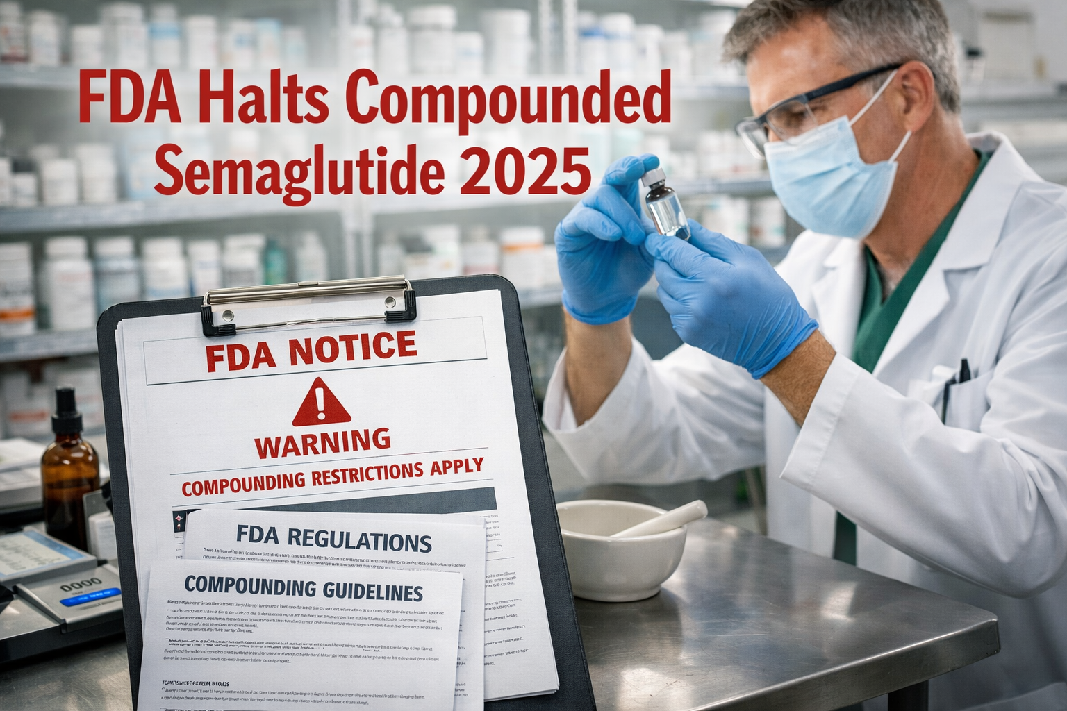 How Compounded Semaglutide Differs from Ozempic 8 Detailed () image showing a pharmacist in white coat at a compounding pharmacy workstation examining a vial under bright