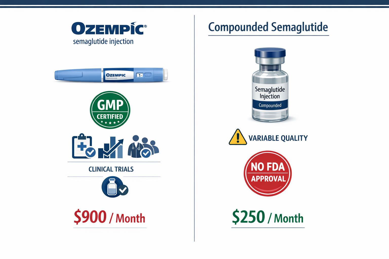 How Compounded Semaglutide Differs from Ozempic 3 Detailed () infographic-style image showing a side-by-side comparison table between Ozempic branded pen and compounded