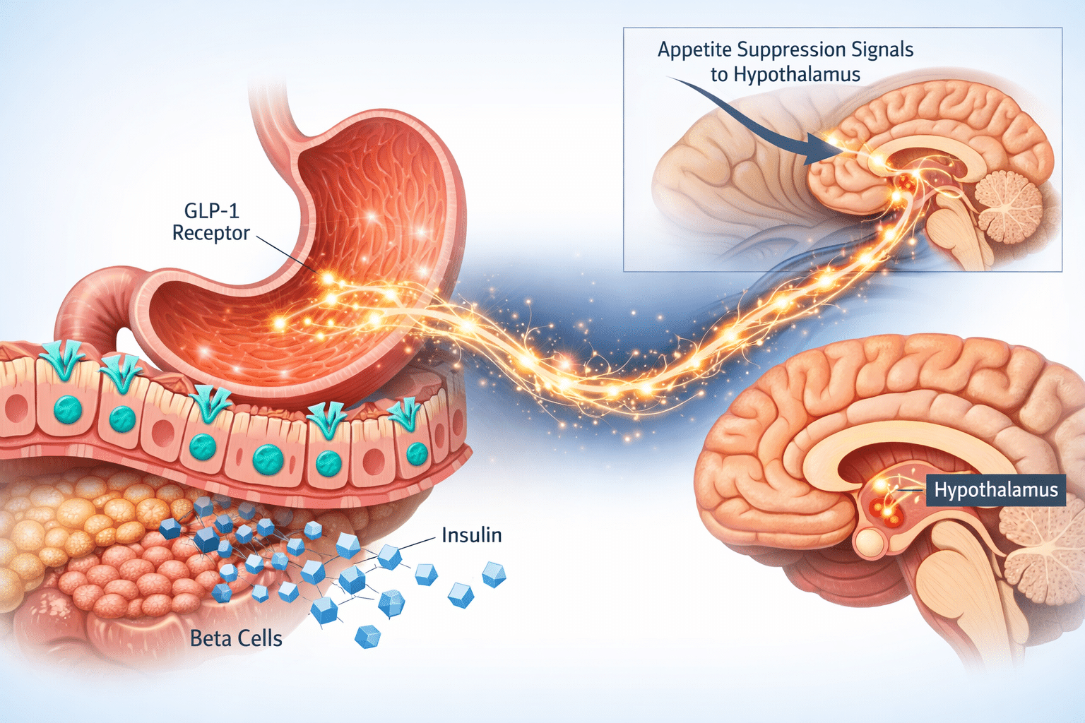 Detailed () medical science illustration showing a cross-section of the human gut and brain connected by a glowing neural