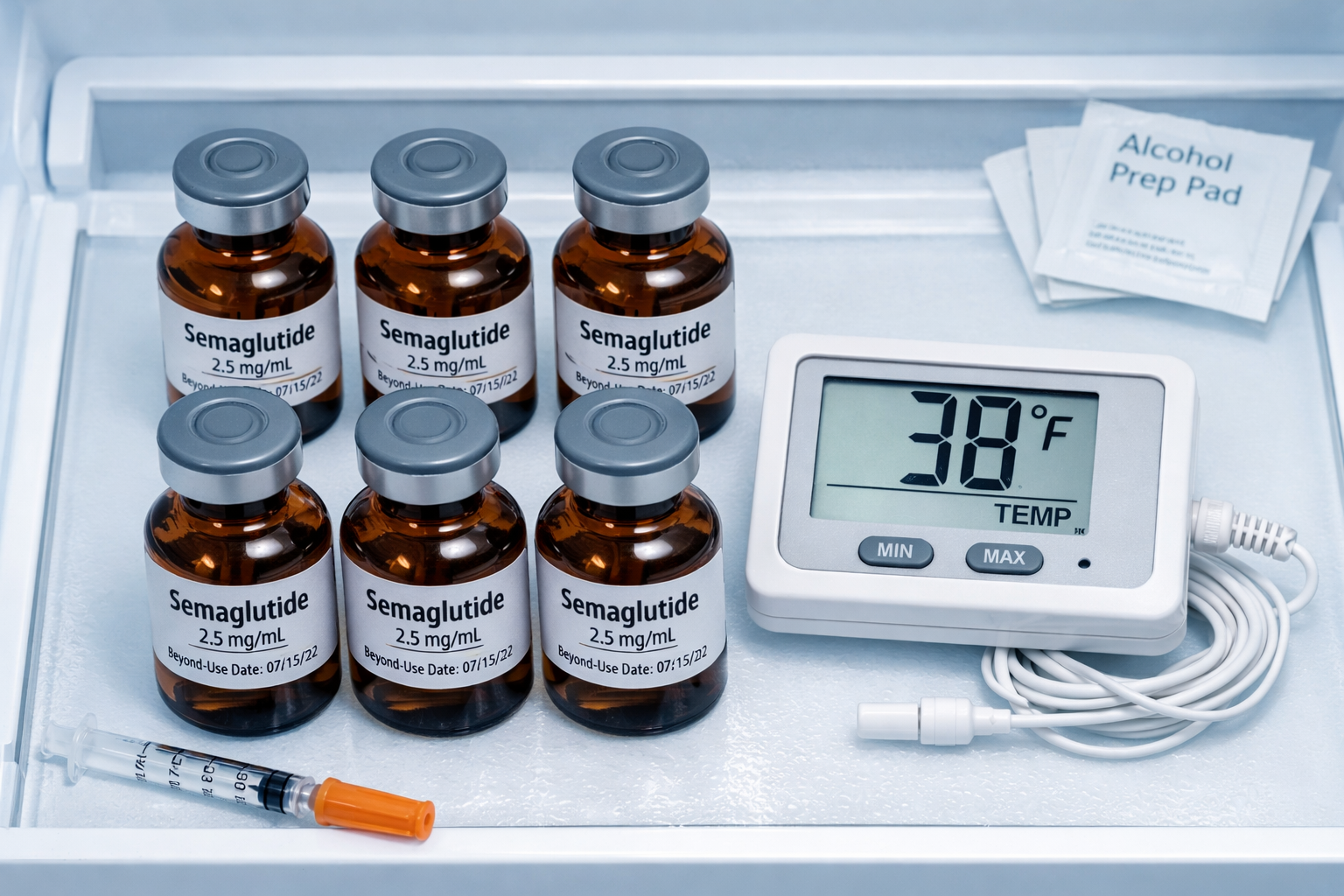 How to Store Compounded Semaglutide at Home 3 Detailed () showing a close-up overhead flat-lay of an open refrigerator main compartment shelf with amber glass compounded