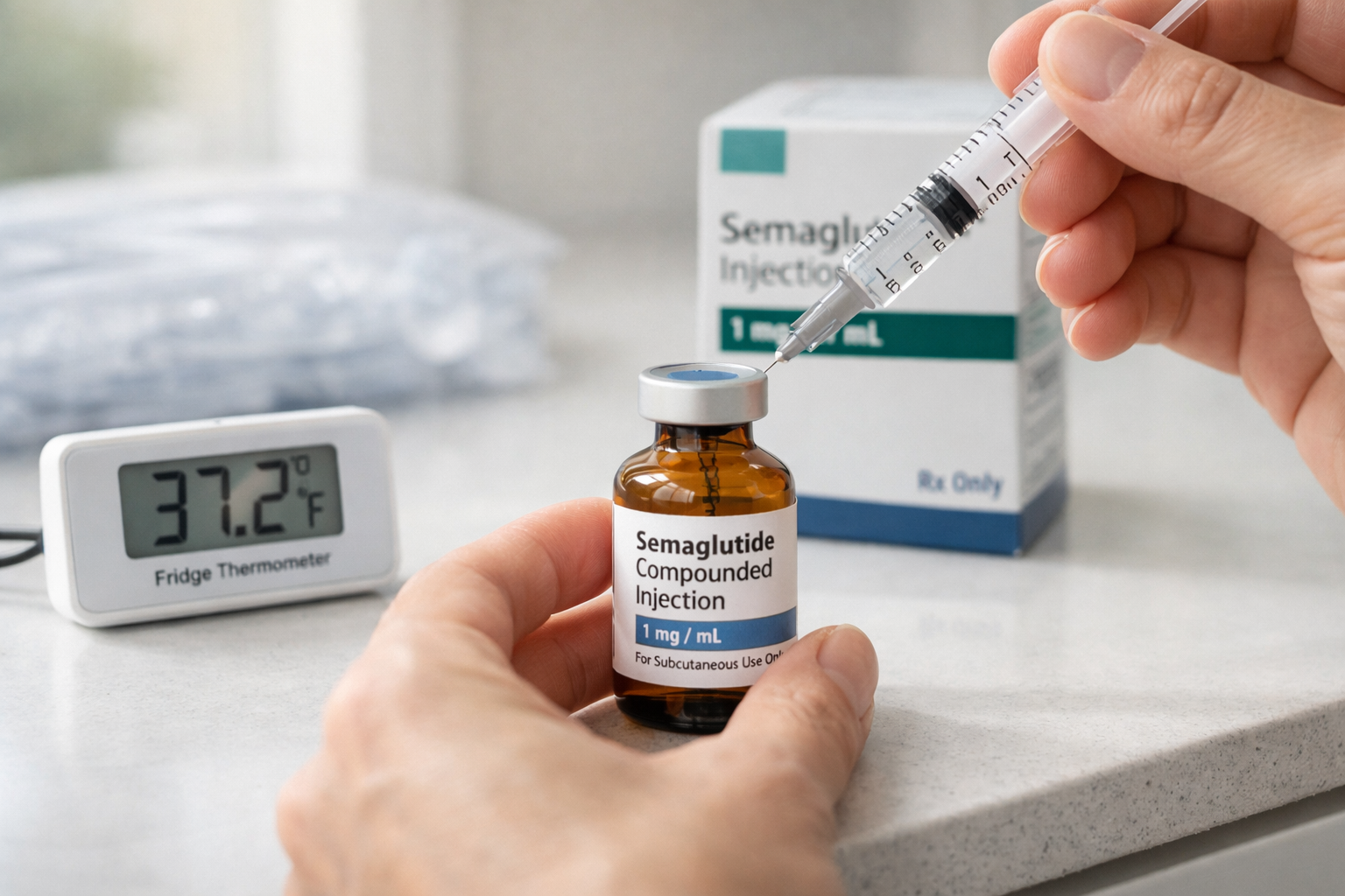 How to Store Compounded Semaglutide at Home 9 Detailed () showing a person's hands carefully drawing medication from an amber compounded semaglutide vial with a syringe