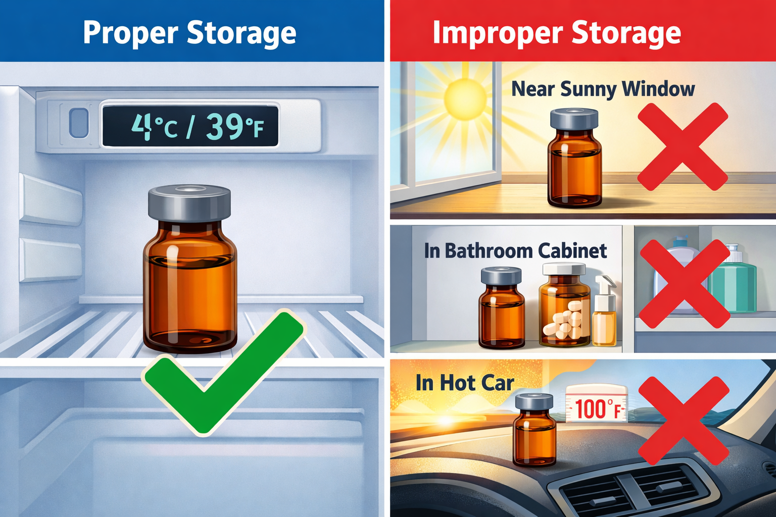 How to Store Compounded Semaglutide at Home 8 Detailed () showing a split-scene comparison: left side shows a properly stored amber vial in refrigerator at correct