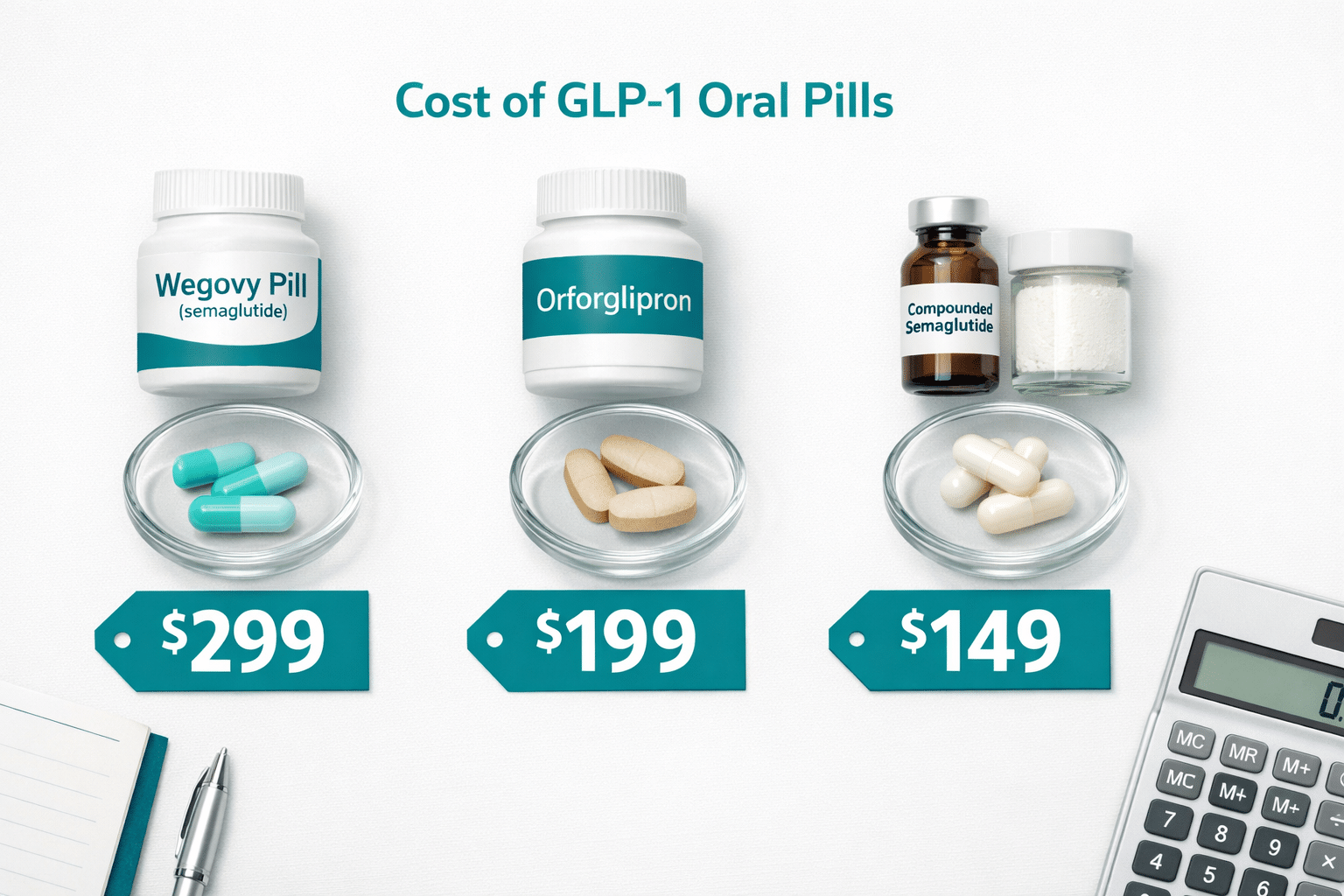 Flat-lay () showing a comparison price chart of GLP-1 oral pills including Wegovy pill, Orforglipron, and compounded