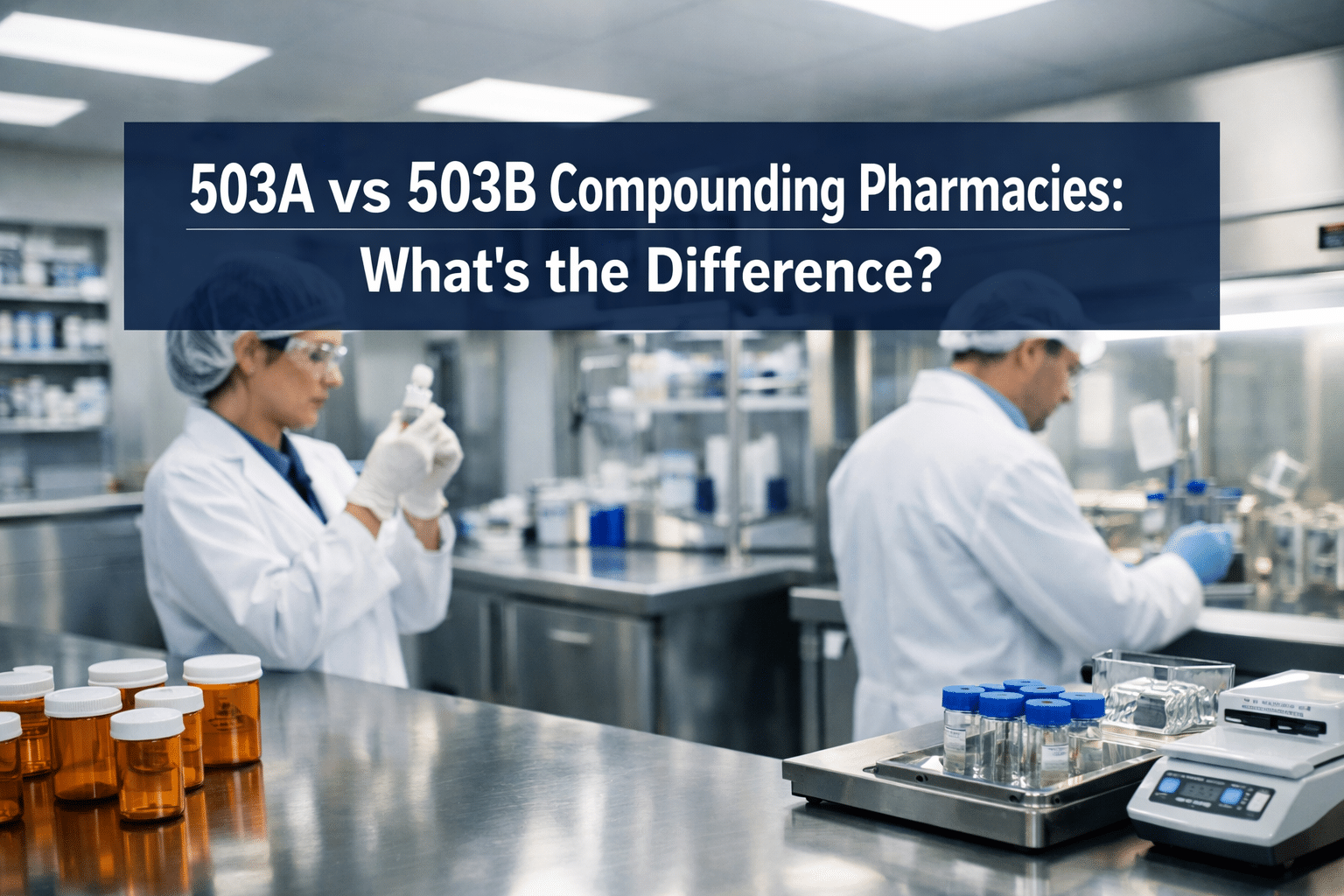 Professional () hero image with : '503A vs 503B Compounding Pharmacies: What's the Difference?' in extra large white with