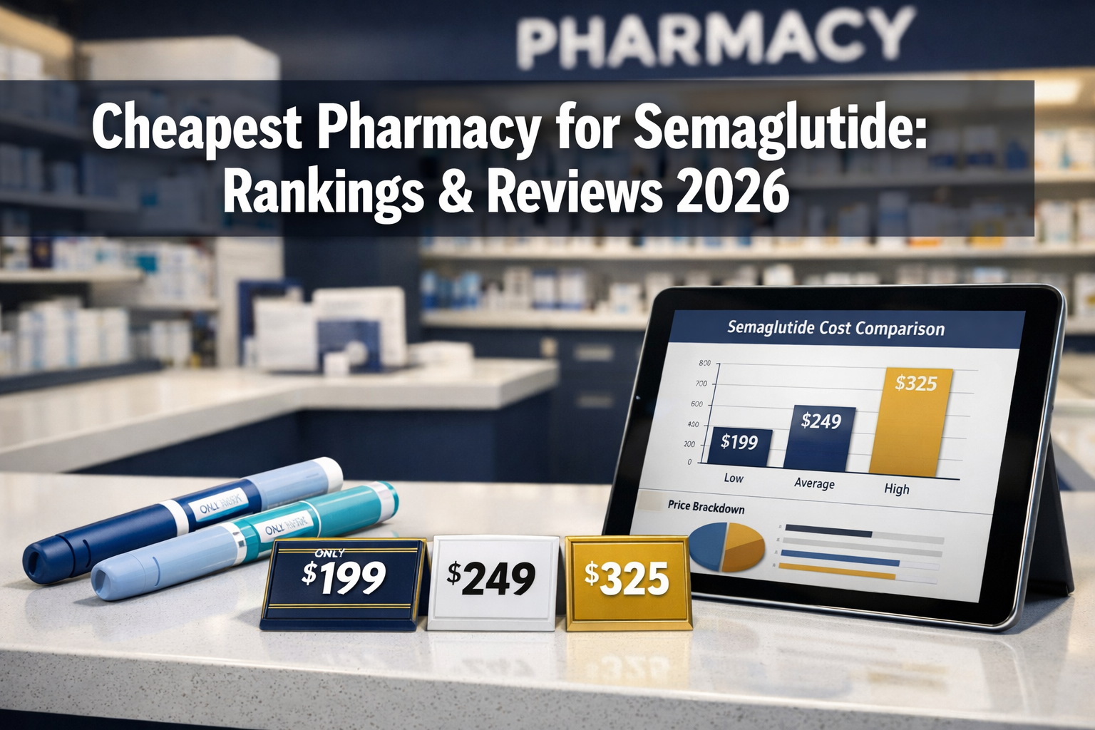 Cheapest Pharmacy for Semaglutide: Rankings & Reviews 2 Professional () hero image with : 'Cheapest Pharmacy for Semaglutide: Rankings & Reviews 2026' in extra large white with