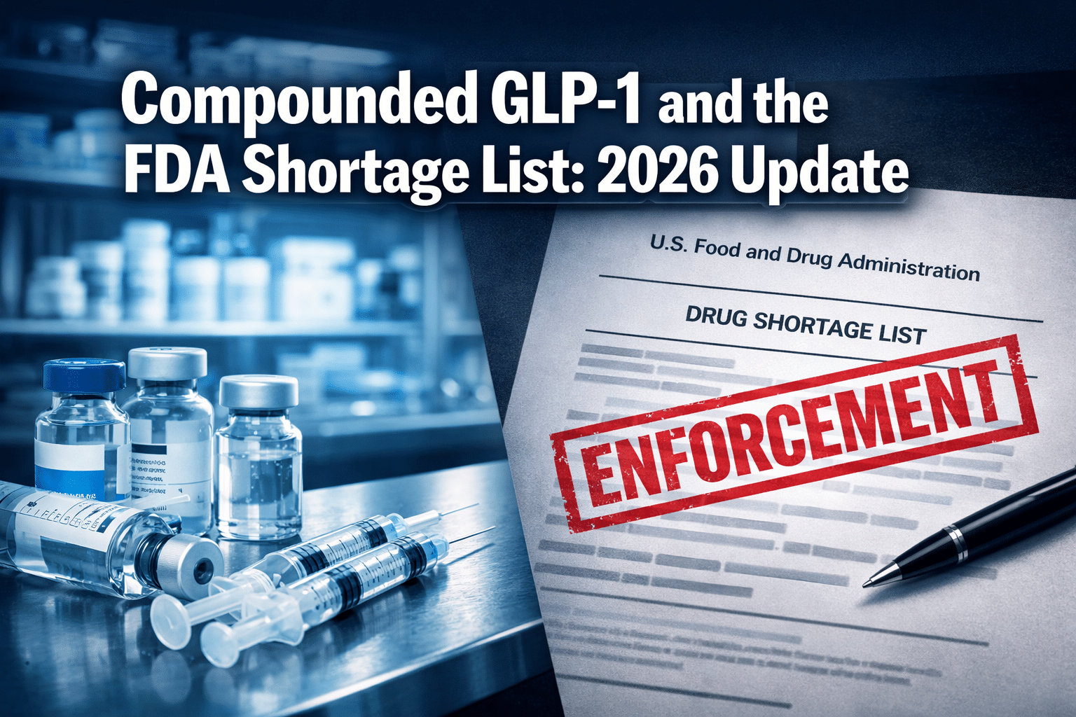 Professional () hero image with : 'Compounded GLP-1 and the FDA Shortage List: 2026 Update' in extra large white with dark