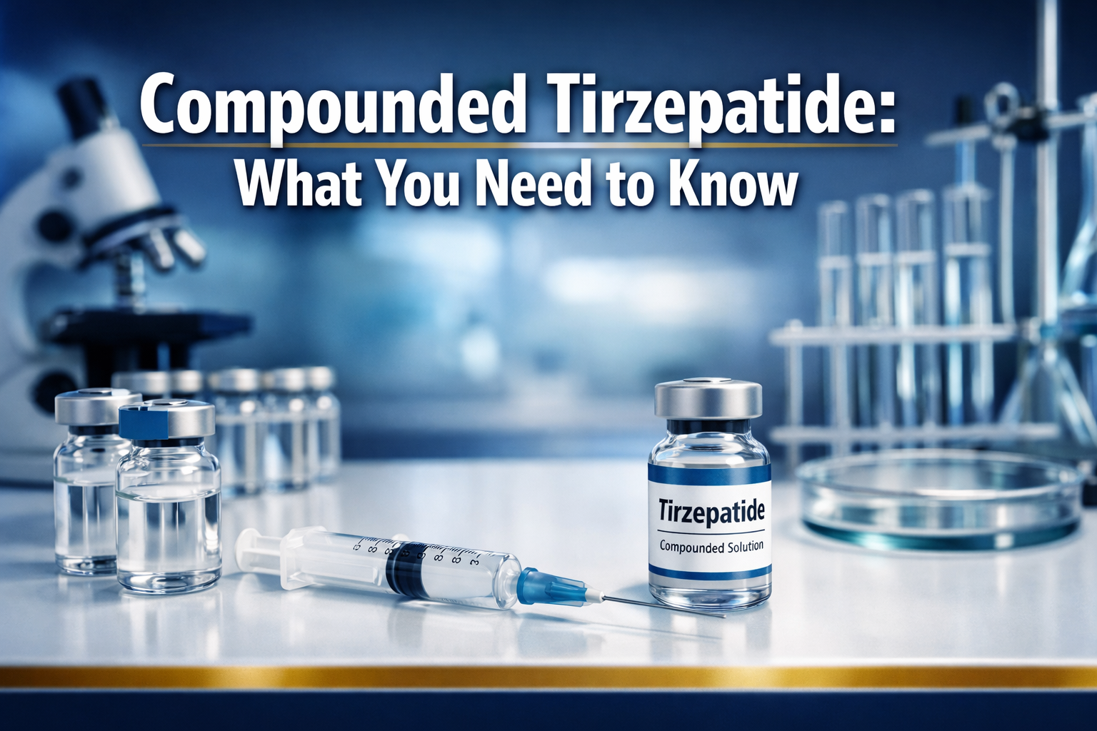 Professional () hero image with : 'Compounded Tirzepatide: What You Need to Know' in extra large white with deep effect,