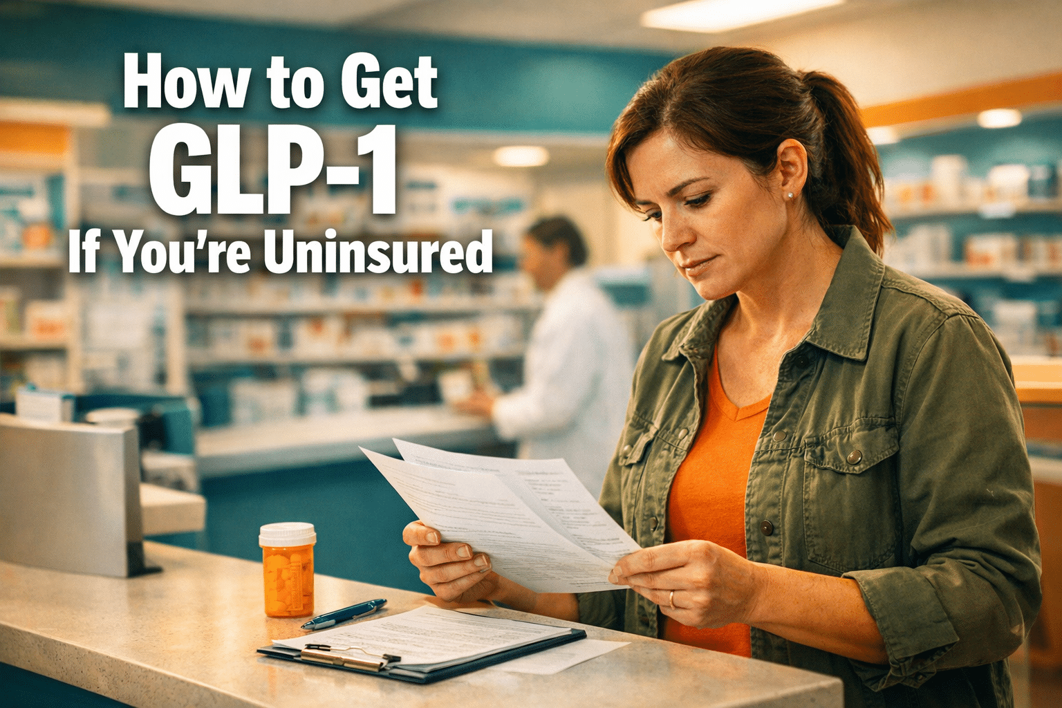 Professional () hero image with : 'How to Get GLP-1 If You're Uninsured' in extra large white with dark drop , centered