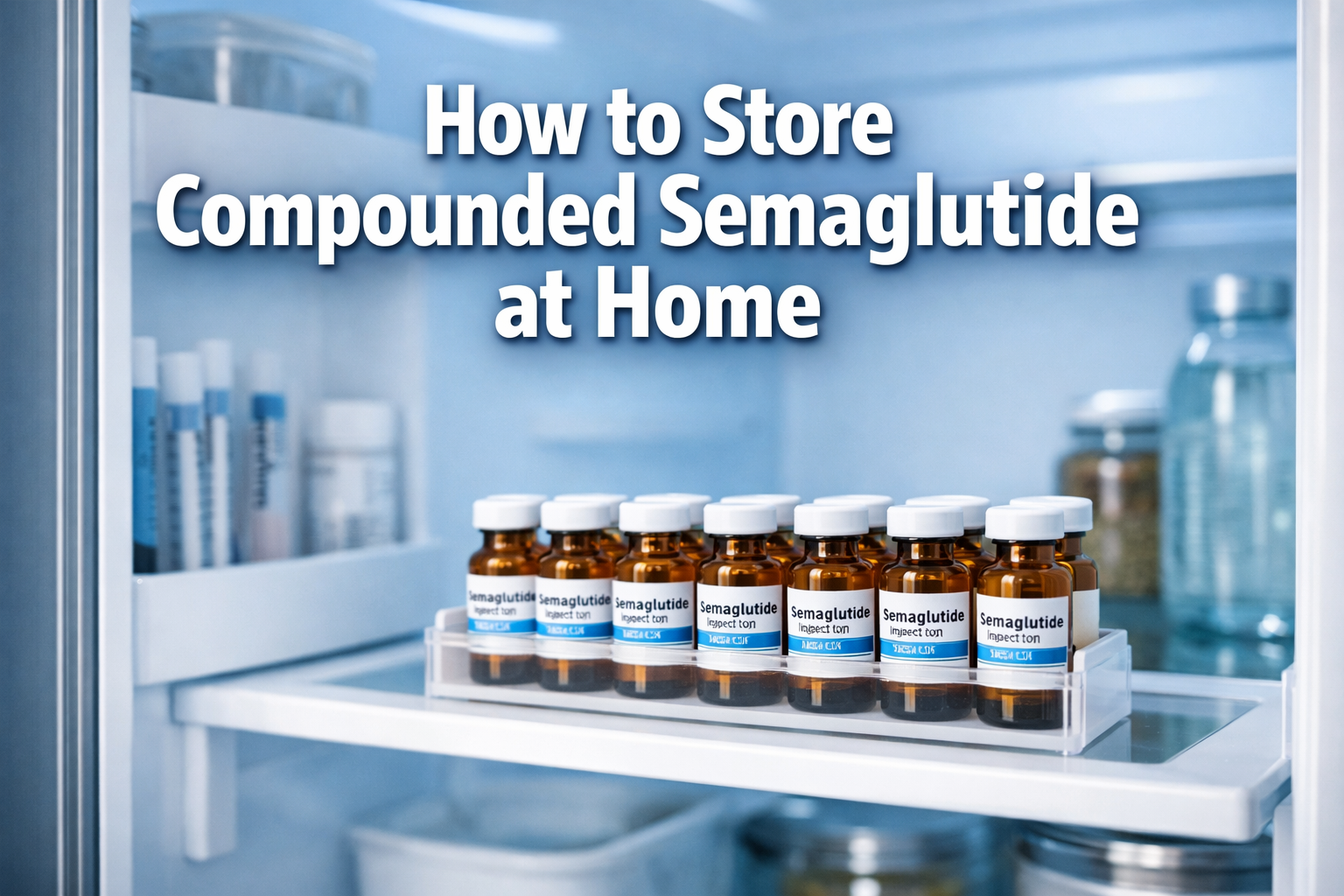 How to Store Compounded Semaglutide at Home 2 Professional () hero image with : 'How to Store Compounded Semaglutide at Home' in extra large white with dark drop ,