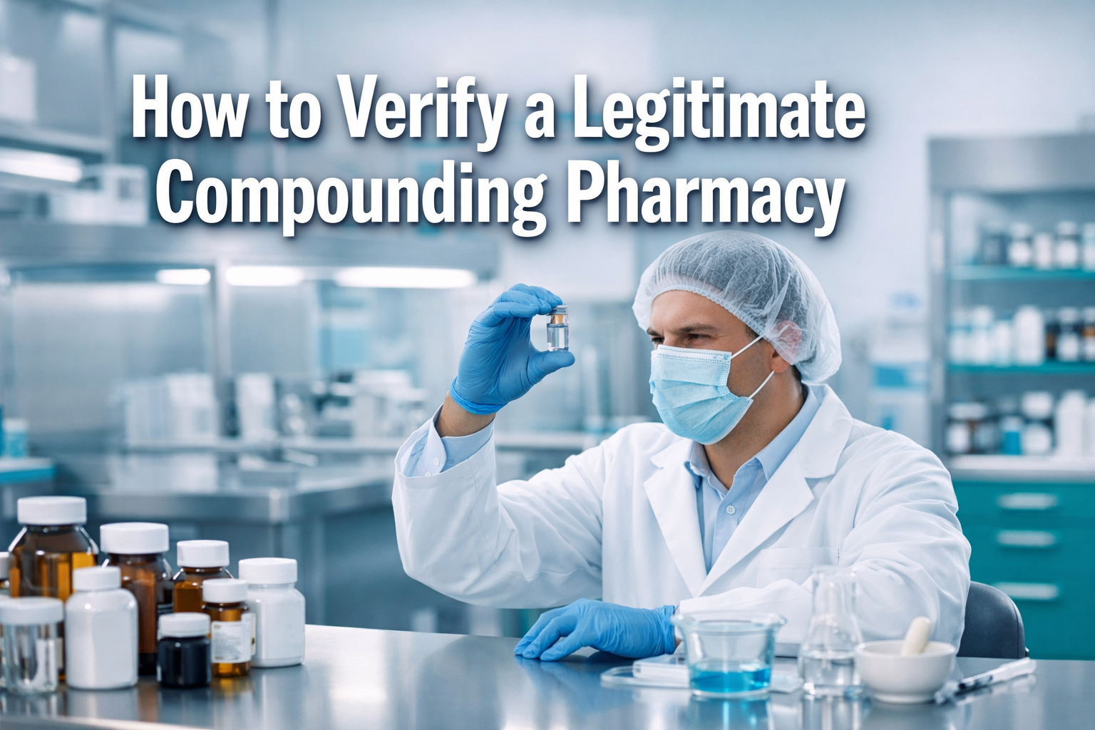 Professional () hero image with : 'How to Verify a Legitimate Compounding Pharmacy' in extra large white with dark drop ,