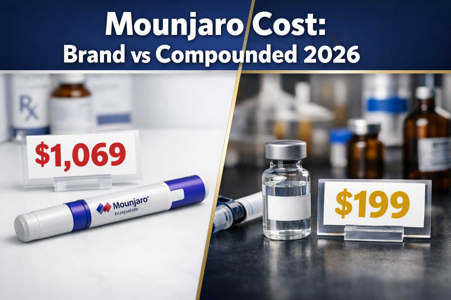 Professional () hero image with : 'Mounjaro Cost: Brand vs Compounded 2026' in extra large white with deep effect, centered