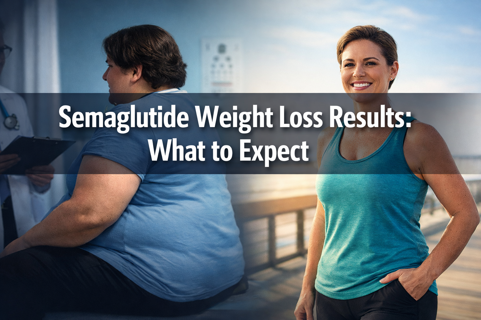 Professional () hero image with : 'Semaglutide Weight Loss Results: What to Expect' in extra large white with dark drop ,