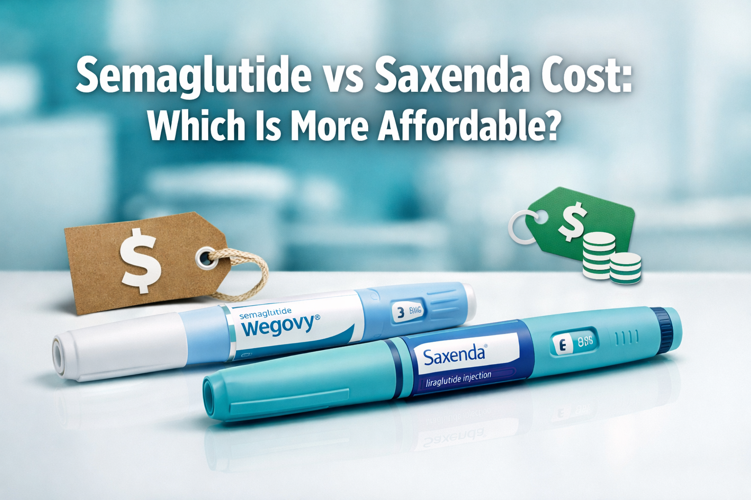 Professional () hero image with : 'Semaglutide vs Saxenda Cost: Which Is More Affordable?' in extra large white with dark