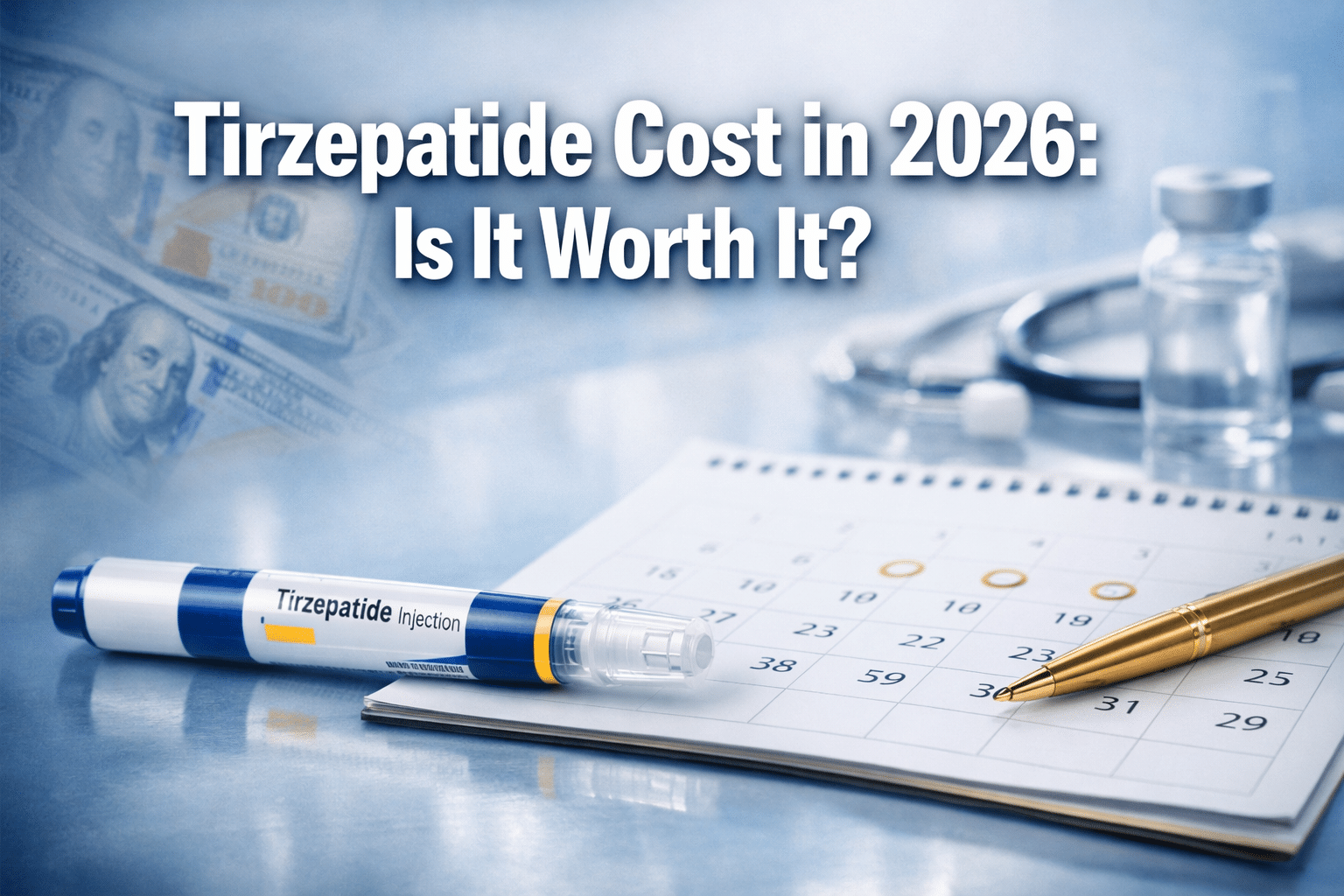 Professional () hero image with : 'Tirzepatide Cost in 2026: Is It Worth It?' in extra large white with dark drop , centered