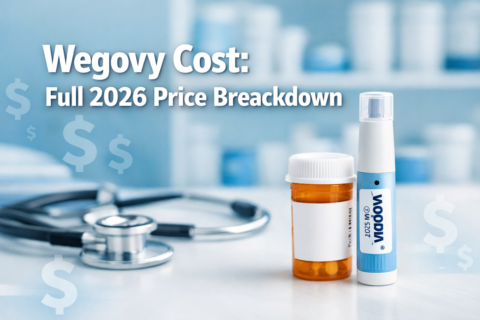 Professional () hero image with : 'Wegovy Cost: Full 2026 Price Breakdown' in extra large white with dark drop , centered