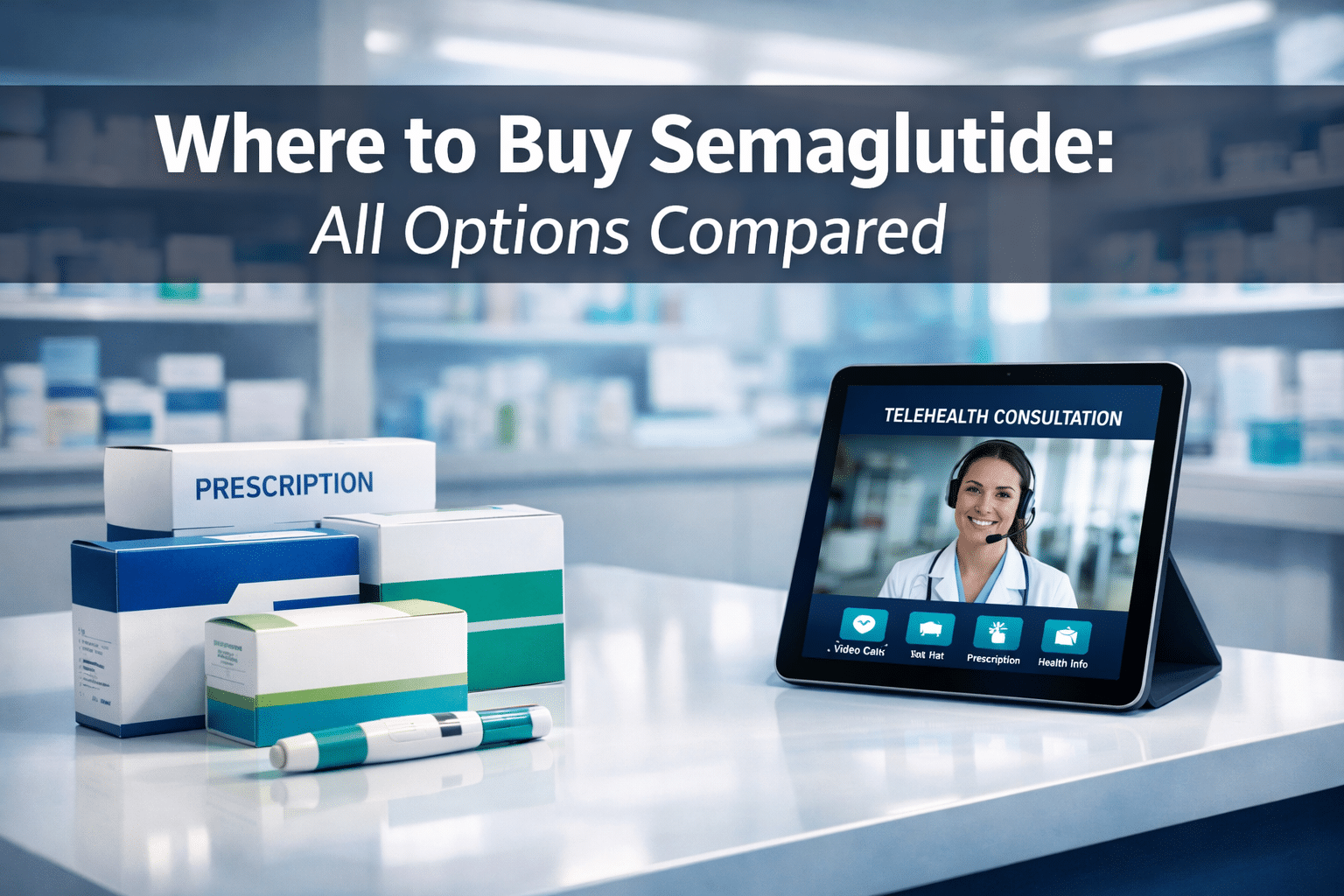 Professional () hero image with : 'Where to Buy Semaglutide: All Options Compared' in extra large white with dark