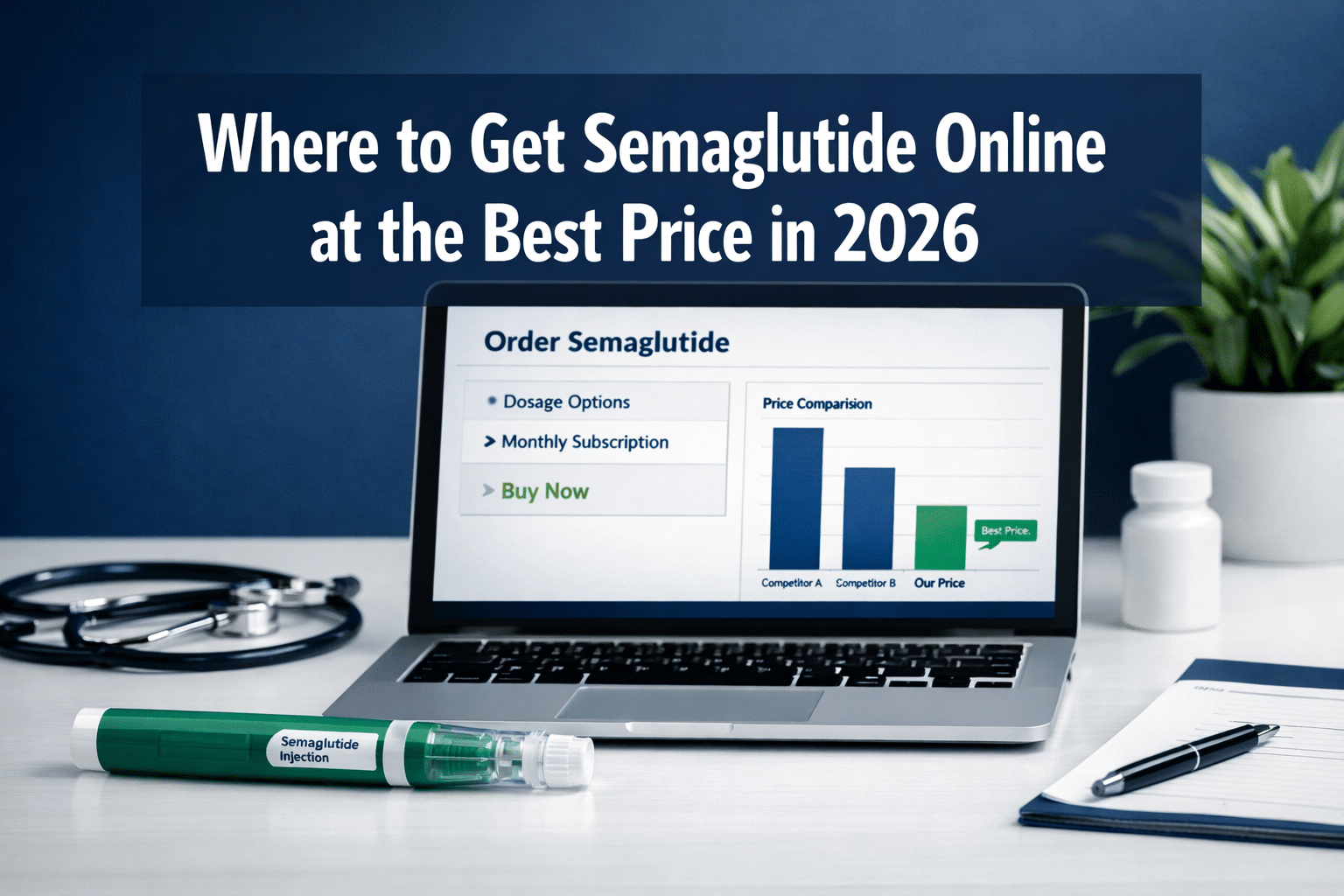 Professional () hero image with : 'Where to Get Semaglutide Online at the Best Price in 2026' in extra large white with deep