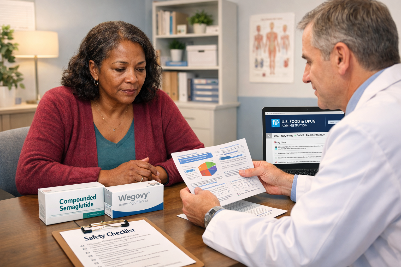 Is Compounded GLP-1 as Effective as Brand Name? 8 Wide-angle landscape image () depicting a concerned patient sitting across from a pharmacist or doctor at a consultation