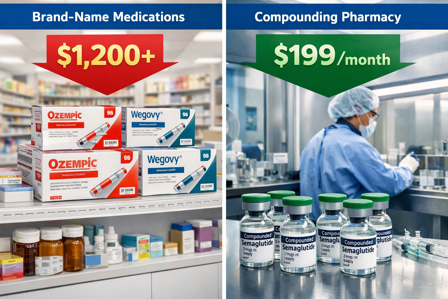 GLP-1 Compounding Pharmacy: The Complete 2026 Guide For Big Savings 3 Wide-angle landscape () showing a split-scene comparison: left side features a bright retail pharmacy with brand-name