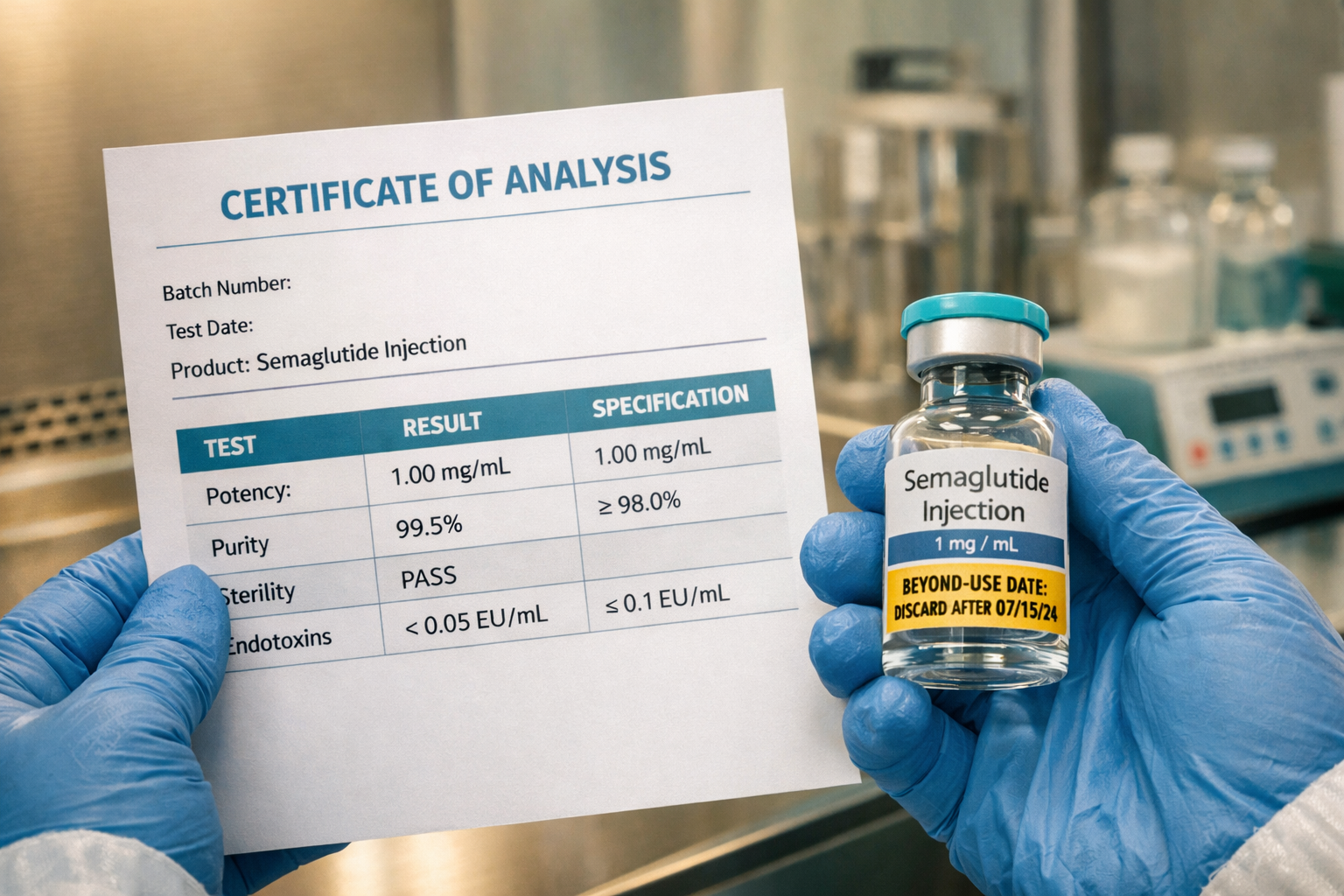 How to Verify a Legitimate Compounding Pharmacy 8 () close-up editorial photo of a pharmacist's gloved hands holding a Certificate of Analysis document with laboratory test