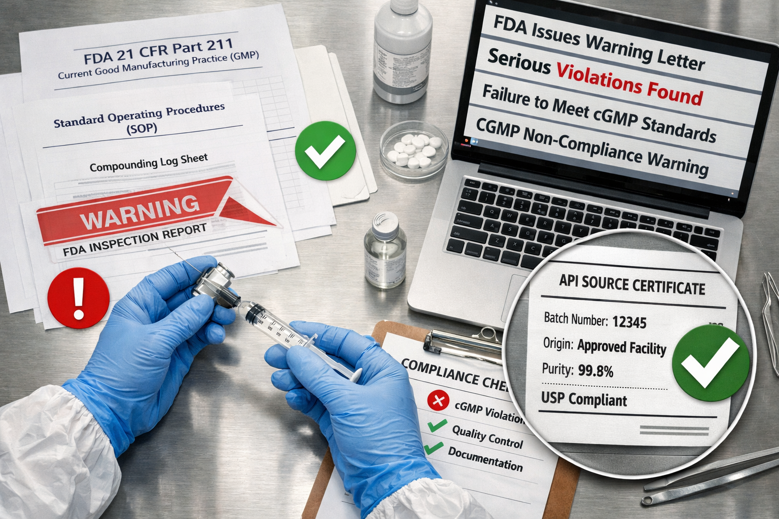 GLP-1 Compounding Pharmacy: The Complete 2026 Guide For Big Savings 8 () close-up overhead shot of a pharmacist's workstation in a 503A/503B compounding facility: sterile gloves handling a