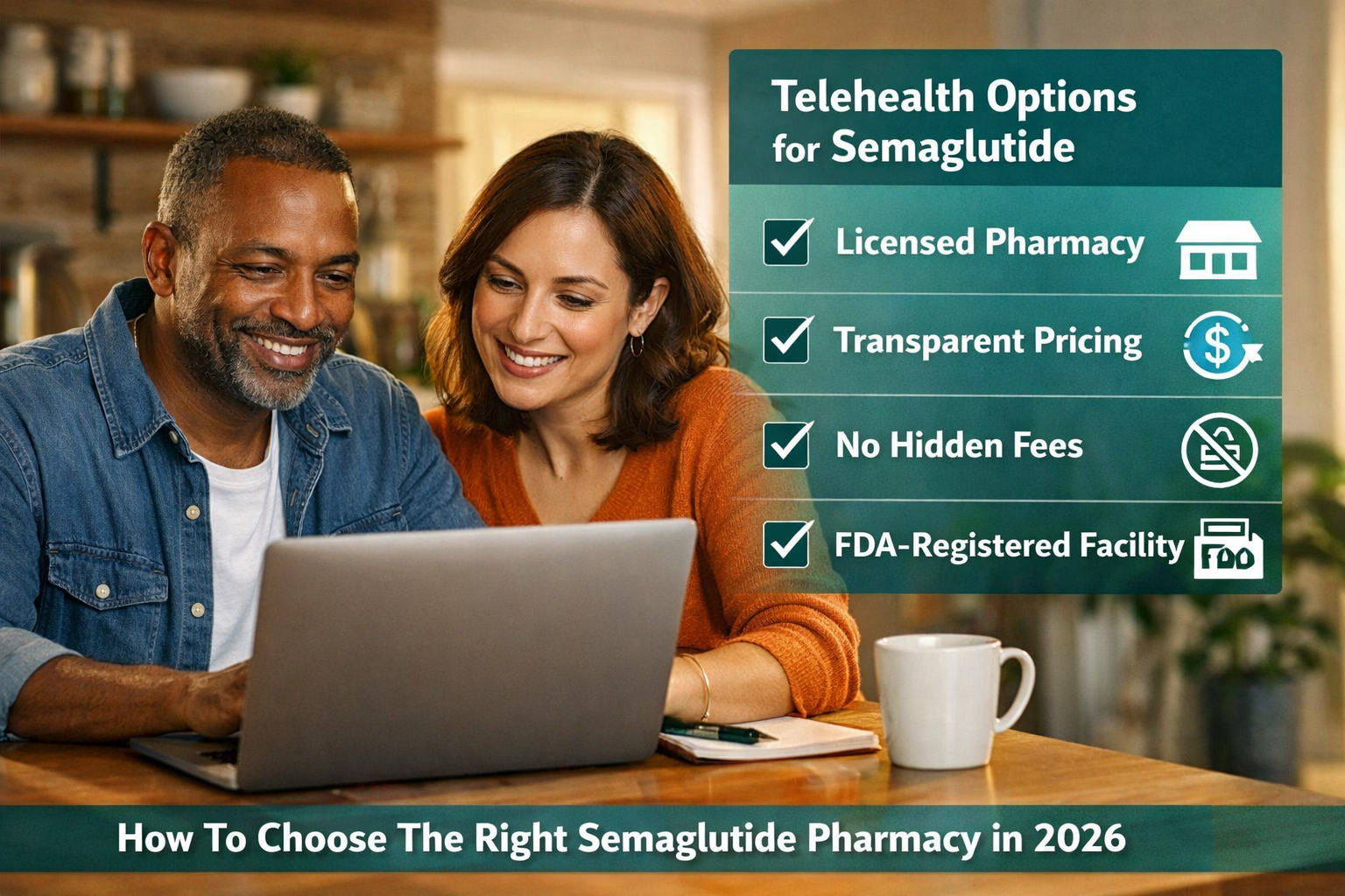 Cheapest Pharmacy for Semaglutide: Rankings & Reviews 13 () concept illustration showing a confident man and woman reviewing semaglutide telehealth options on a laptop at a kitchen