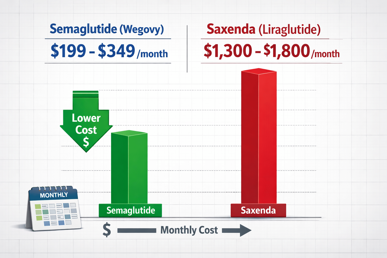 () detailed cost comparison infographic illustration showing two side-by-side price columns: left column 'Semaglutide