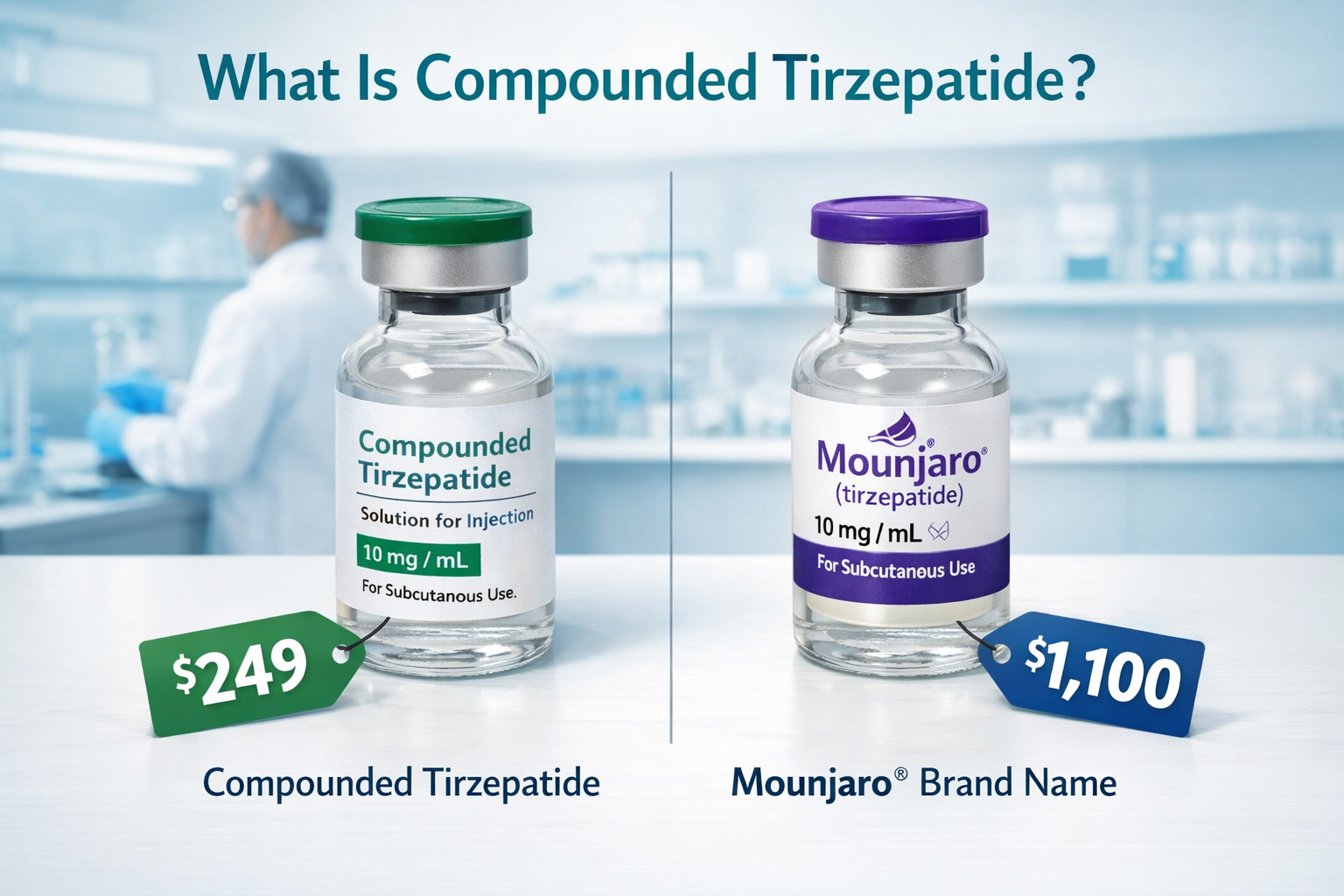 Compounded Tirzepatide Reviews: Are Patients Seeing Results? 3 () detailed infographic-style illustration showing a side-by-side comparison of compounded tirzepatide vs brand-name