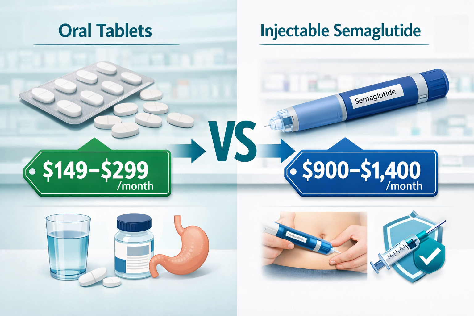 Semaglutide Pills: Oral Tablets vs Injections Cost 3 () detailed infographic-style illustration showing a split-screen comparison: left side displays white oral semaglutide