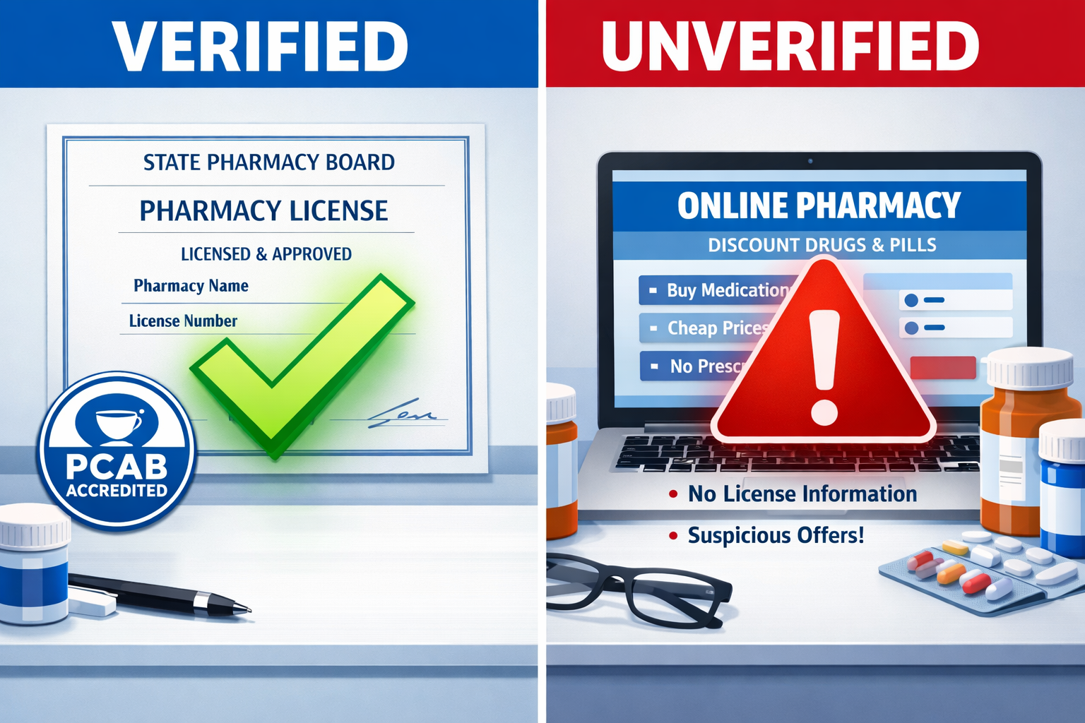 How to Verify a Legitimate Compounding Pharmacy 3 () editorial illustration showing a split-screen comparison: left side displays a glowing green checkmark over a state