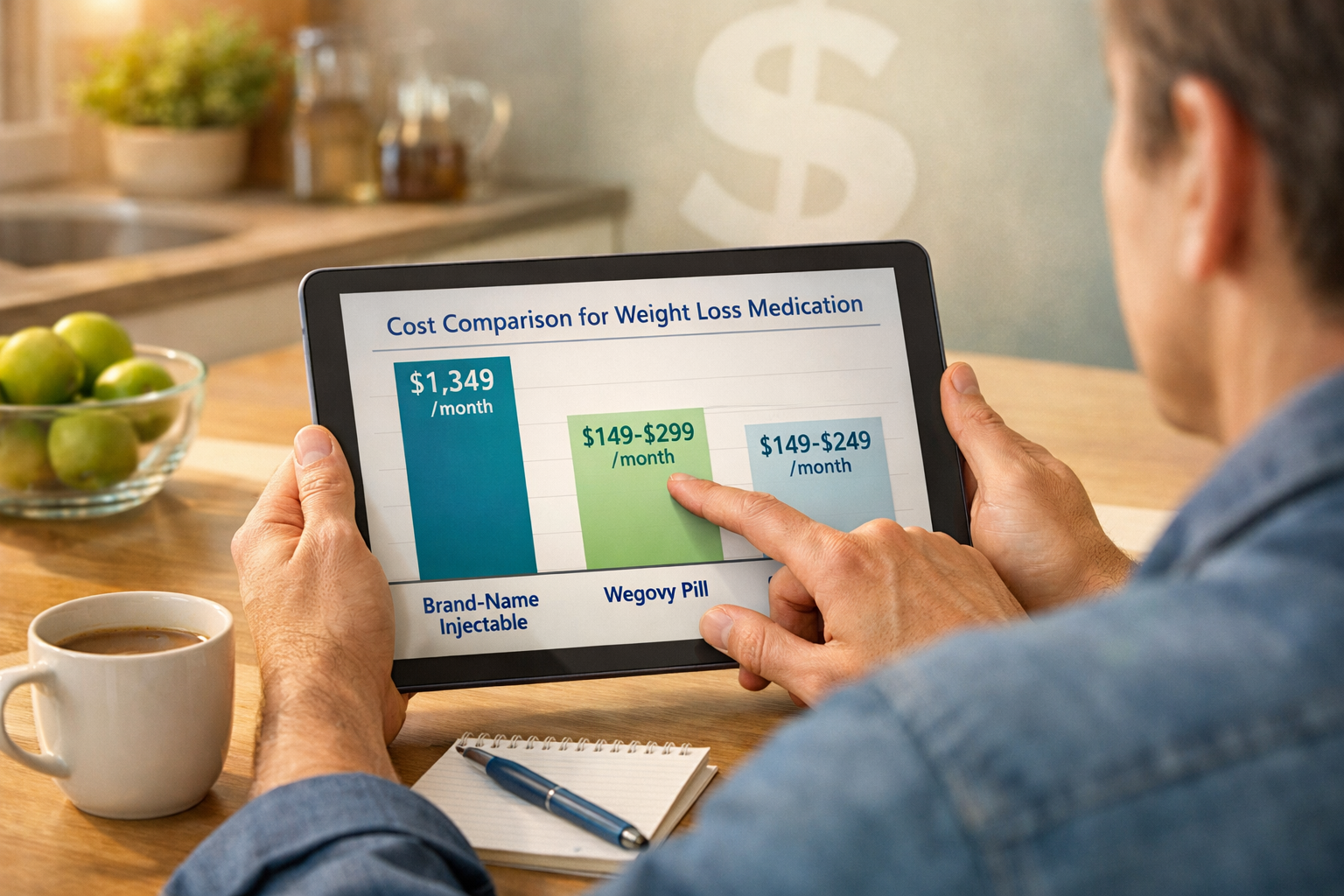 Semaglutide Pills: Oral Tablets vs Injections Cost 4 () editorial photo-illustration of a person reviewing a cost comparison chart on a tablet device, seated at a modern kitchen
