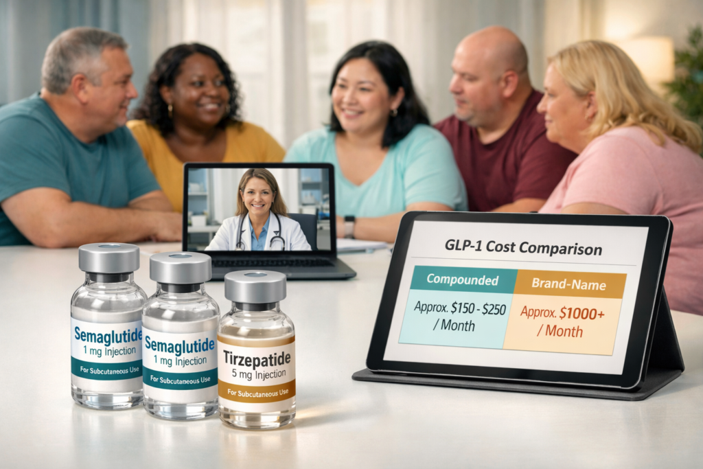 Compounded Tirzepatide Reviews: Are Patients Seeing Results? 9 () editorial-style image showing a diverse group of overweight men and women consulting with a telehealth doctor on a laptop