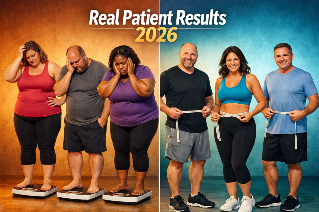 DirectMeds Review: Best GLP-1 Semaglutide Medication Prescription for Weight Loss with No Insurance 4 () showing a diverse group of overweight adults (men and women, ages 30-55) in a before-and-after style split composition,