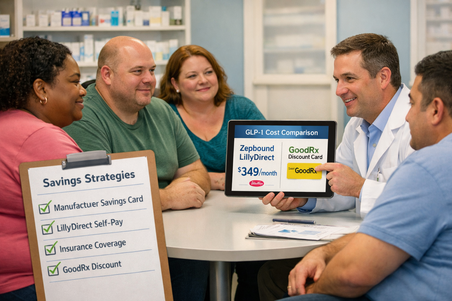 Mounjaro Cost: Brand vs Compounded 2026 10 () showing a diverse group of overweight men and women in a pharmacy consultation setting, speaking with a pharmacist who is