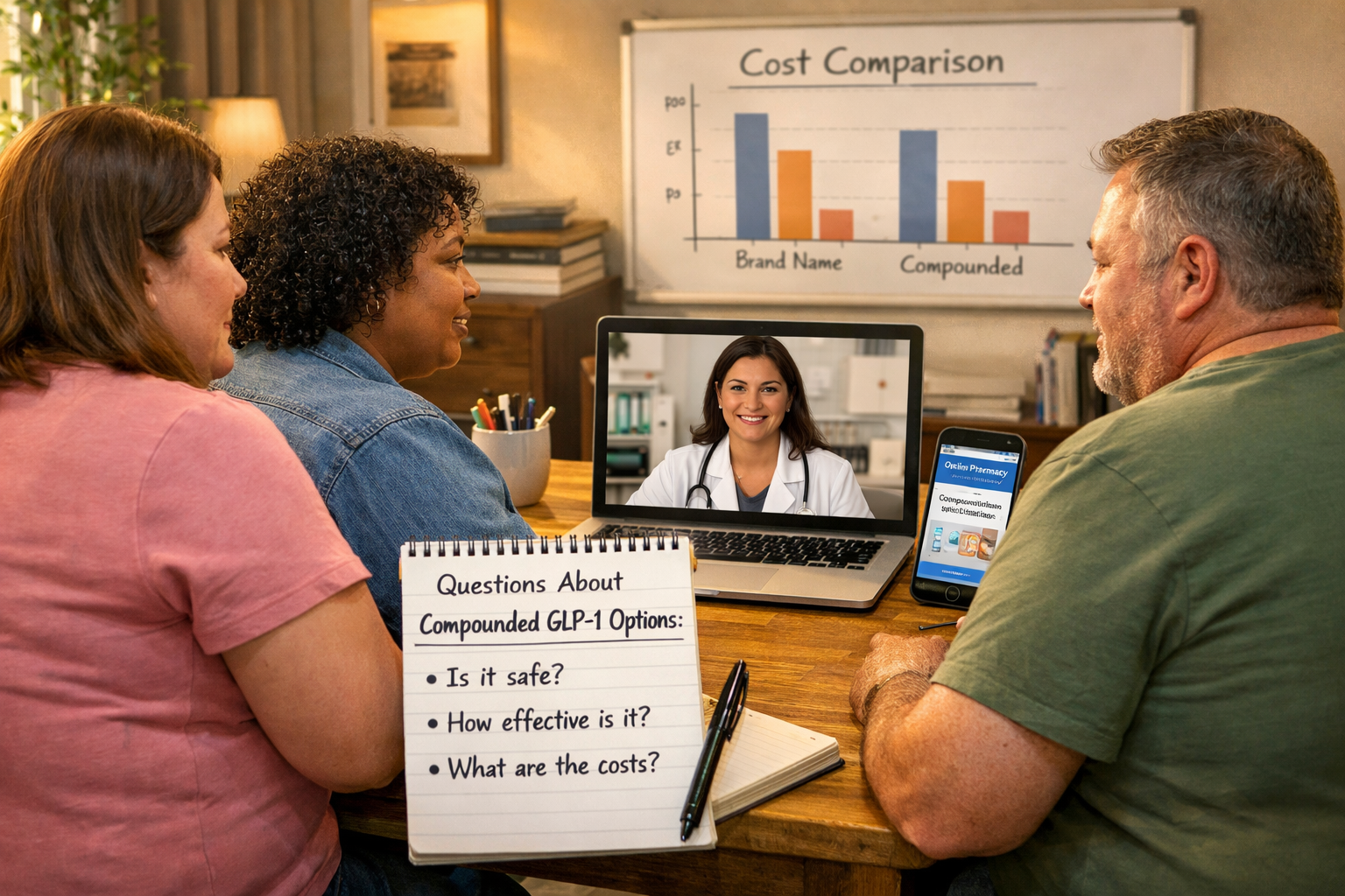 GLP-1 Compounding Pharmacy: The Complete 2026 Guide For Big Savings 9 () showing a diverse group of three adults (two women, one man, varying ages 35-60, visibly overweight) seated at a