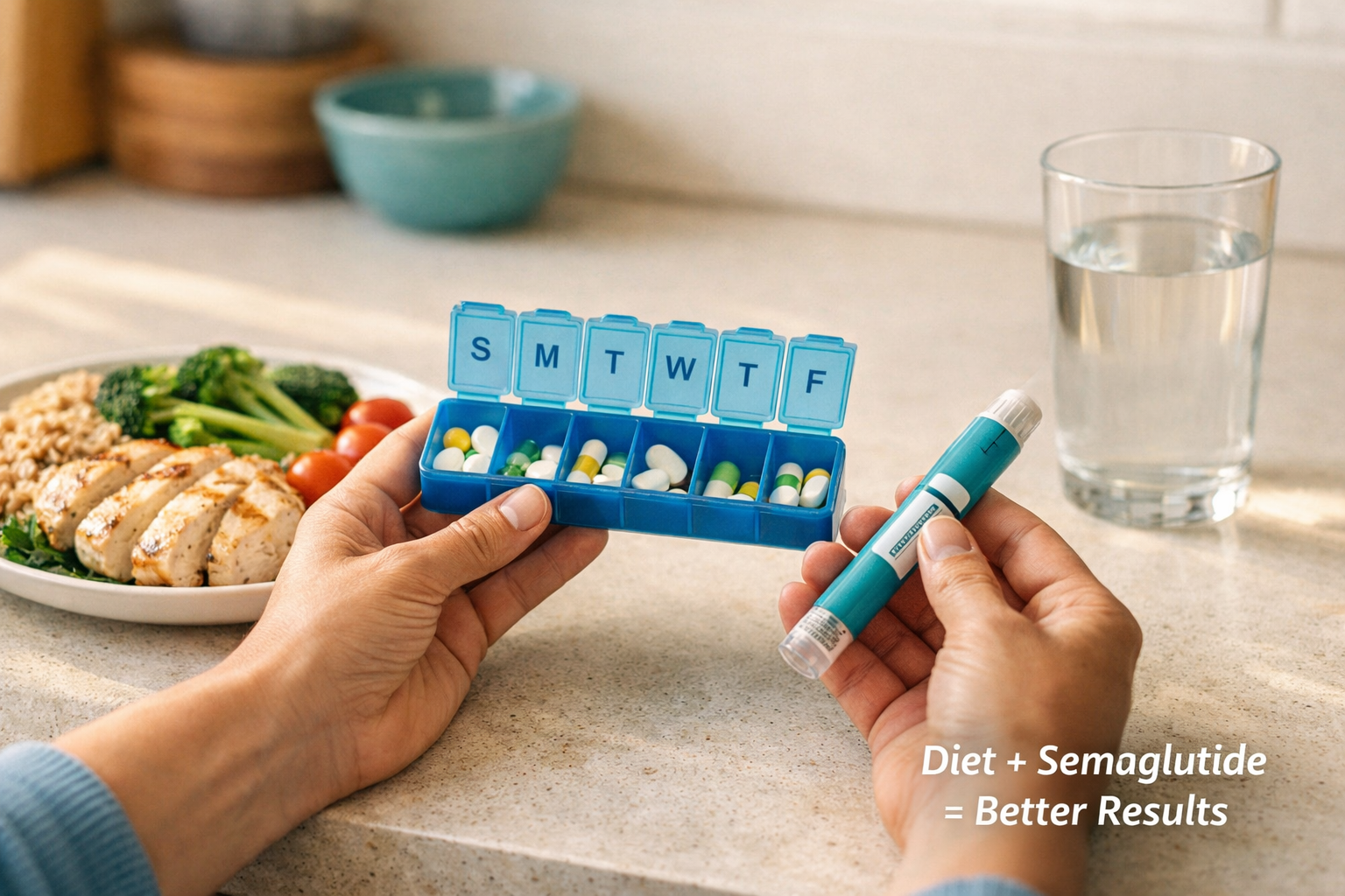 Semaglutide Weight Loss Results: What to Expect - 3 Best GLP-1 Meds of 2026 10 () showing a practical lifestyle scene: a person's hands holding a weekly pill organizer and a small injection pen on a