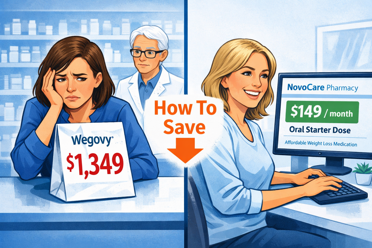 Wegovy Cost: Full 2026 Price Breakdown 4 () split-panel image showing two contrasting scenes: left panel depicts a frustrated patient at a pharmacy counter with a