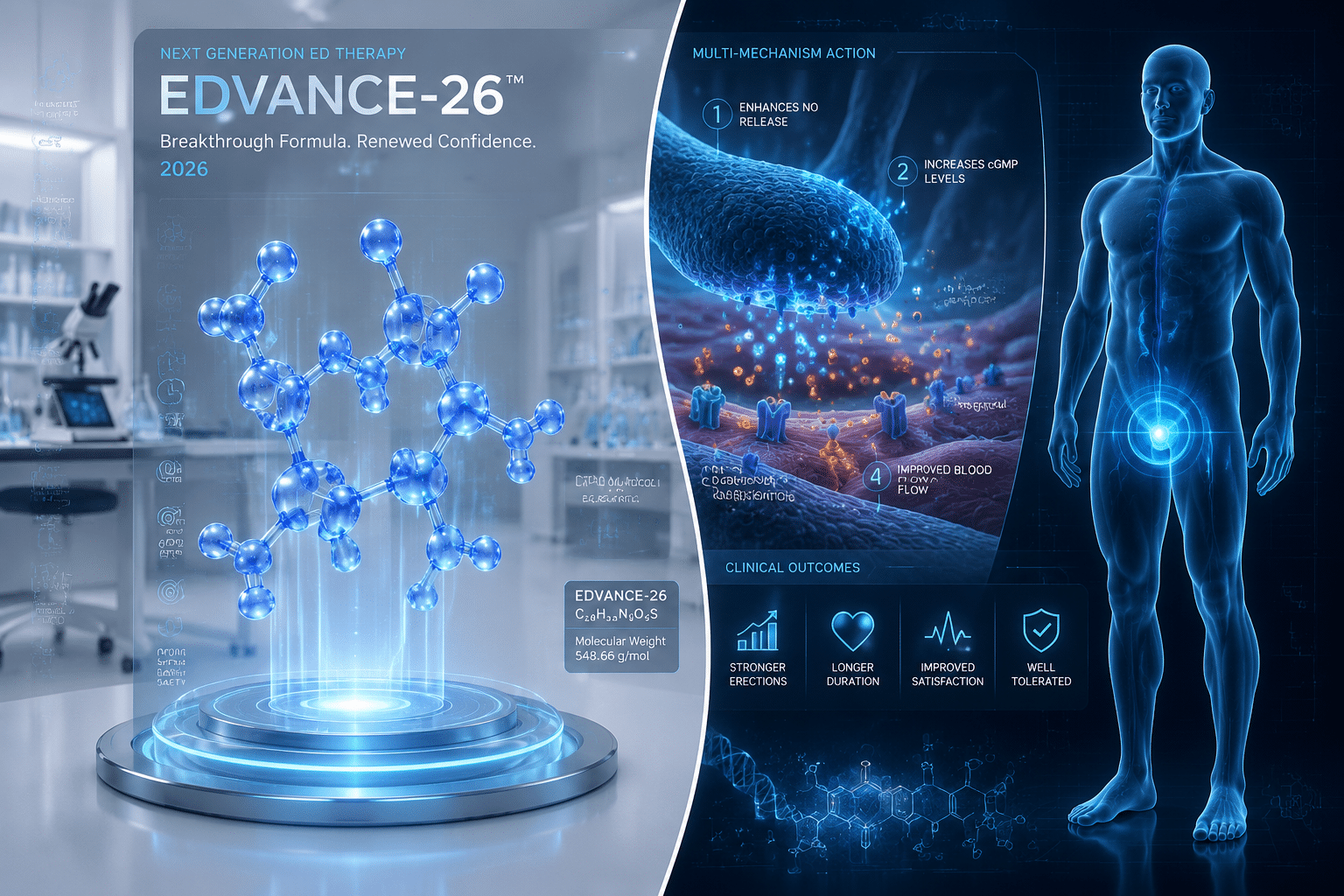 A sleek, futuristic medical visualization depicting the newest ED medication in 2026, with a holographic 3D molecular model