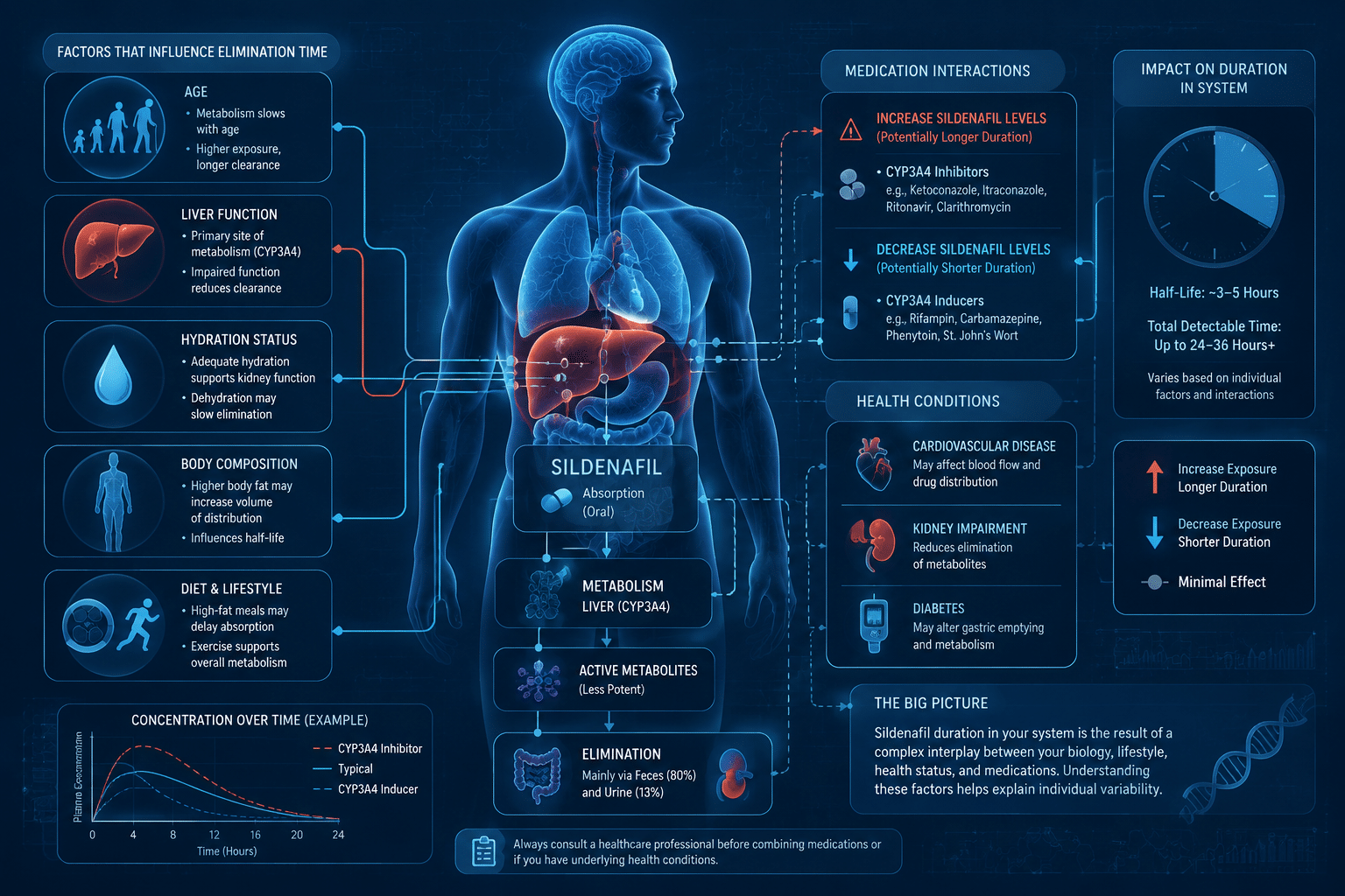 How Long Does Sildenafil Stay in Your System? Complete 2026 Guide 5 Complex metabolic factors visualization for 'What Factors Affect How Long Sildenafil Stays in Your System' section,