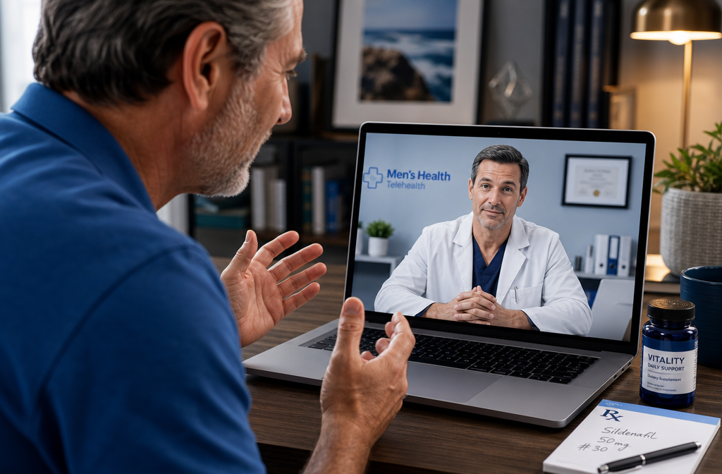 best over the counter pills for ed 3 Detailed () close-up concept image of a mature man in his 50s confidently speaking with a telehealth doctor on a laptop