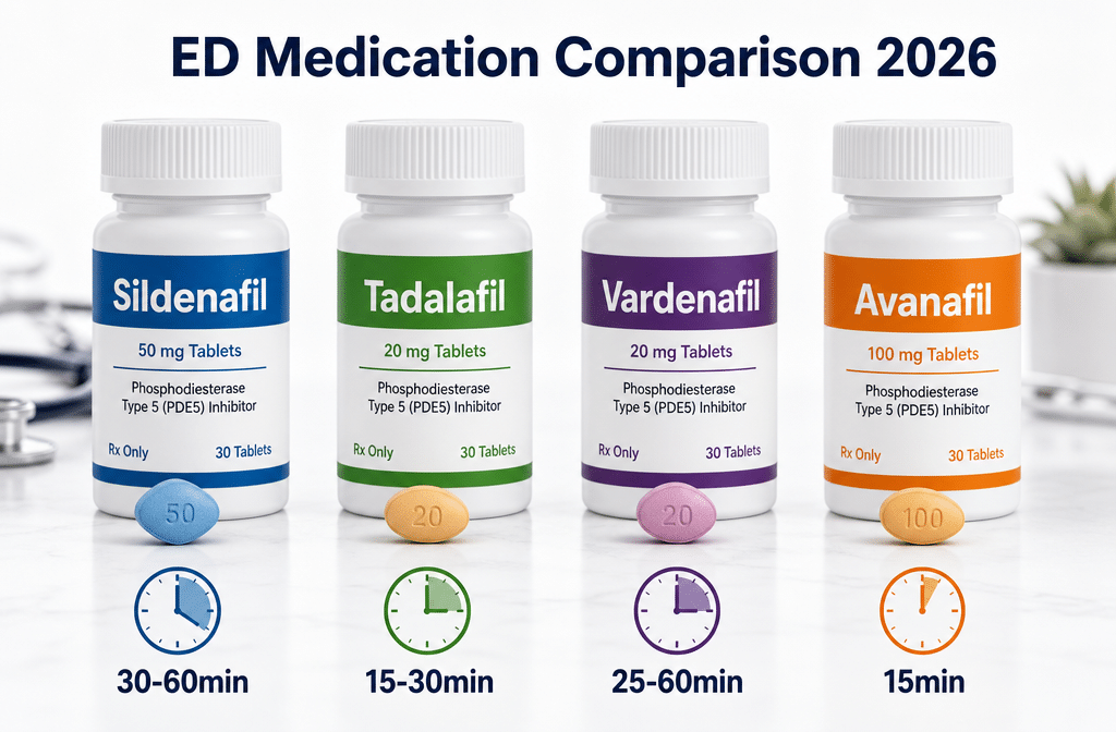 Detailed () comparison infographic-style image showing four pill bottles labeled Sildenafil, Tadalafil, Vardenafil, and