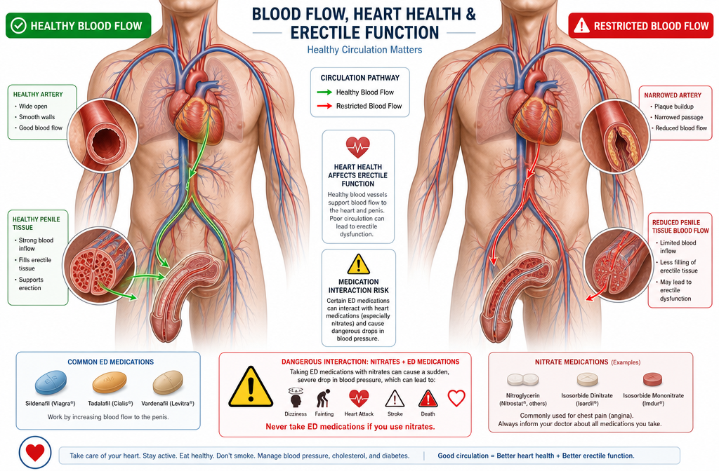ed medication 2 Detailed () conceptual illustration showing a cross-section diagram of male cardiovascular and circulatory system with