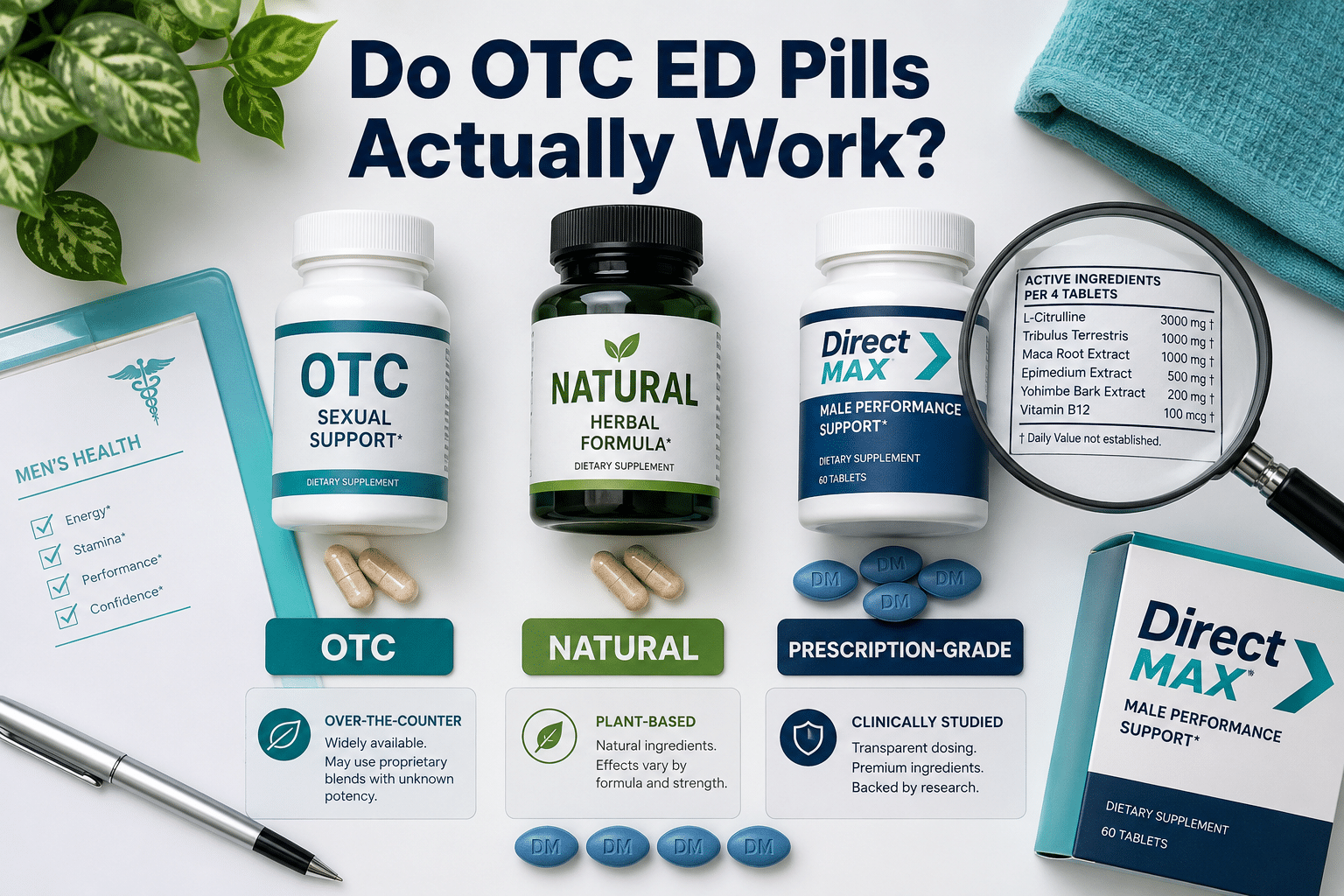 Detailed () editorial illustration showing a comparison flat-lay of supplement bottles and pill capsules arranged on a clean