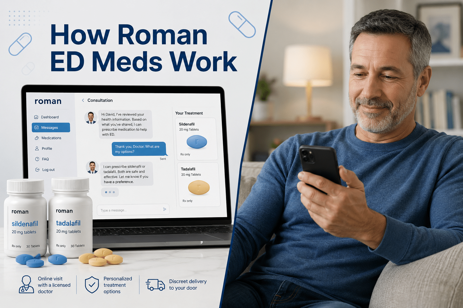 Detailed () editorial illustration showing a split-screen comparison: left side displays Roman telehealth platform on a